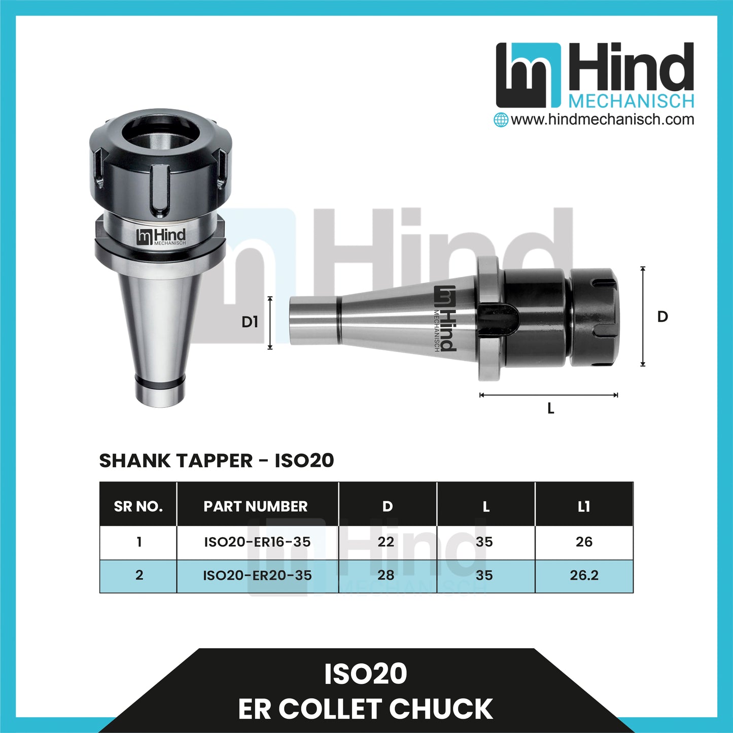 ISO20 ER Collet Chuck Tool Holder (UPTO 100L)