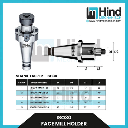 ISO30 Face Mill Tool Holder (UPTO 100L)