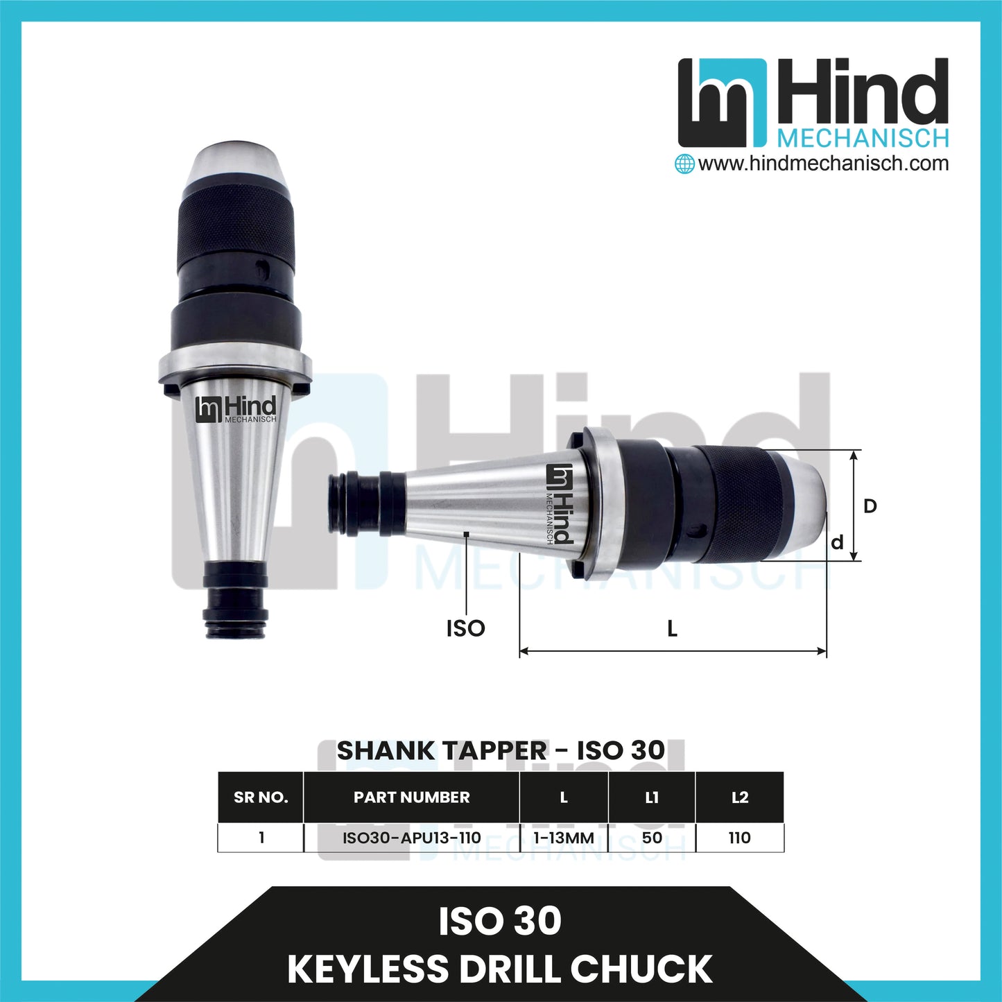 ISO30 Keyless Drill Chuck Tool Holder (100L)