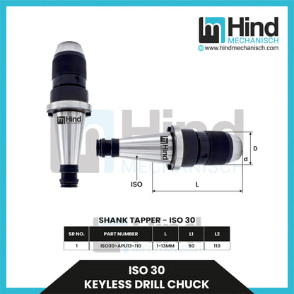 ISO30 Keyless Drill Chuck Tool Holder (100L)