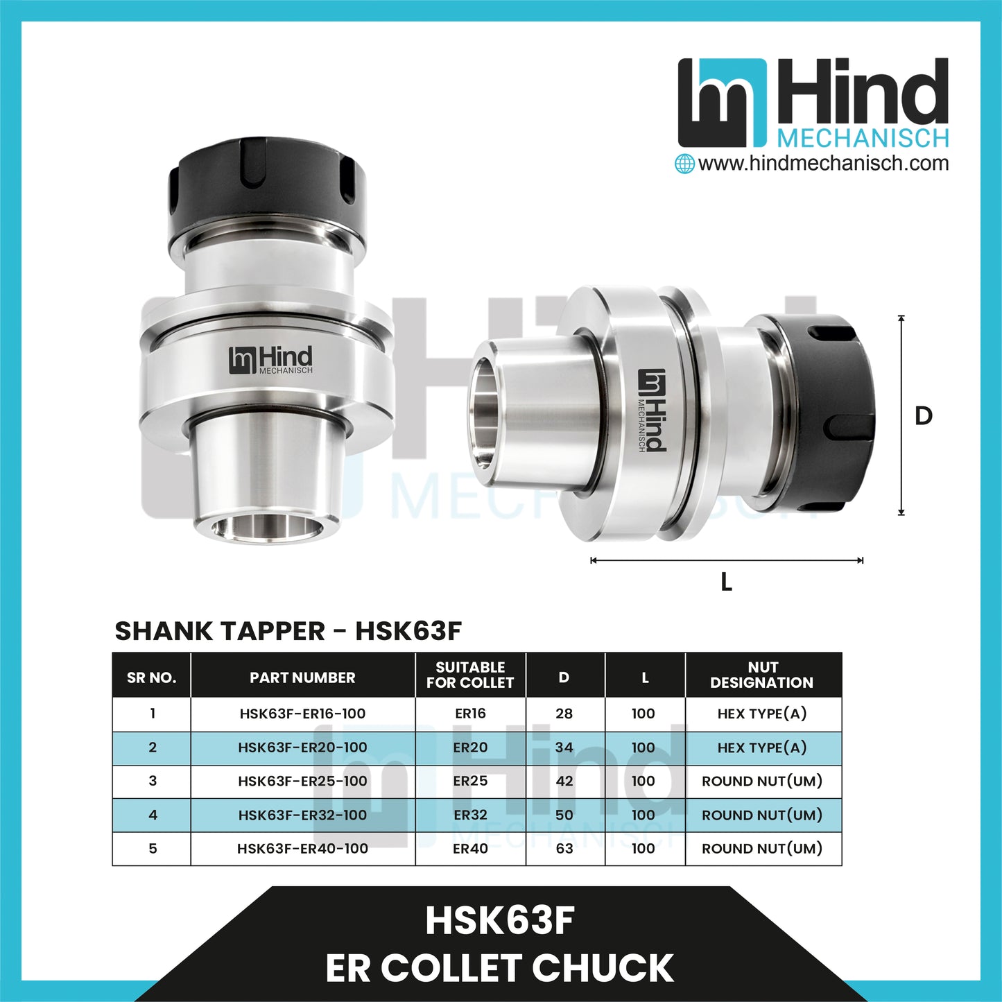 HSK63-F ER Collet Chuck Tool Holder (UPTO 100)