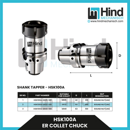 HSK100-A ER Collet Chuck Tool Holder (UPTO 100)